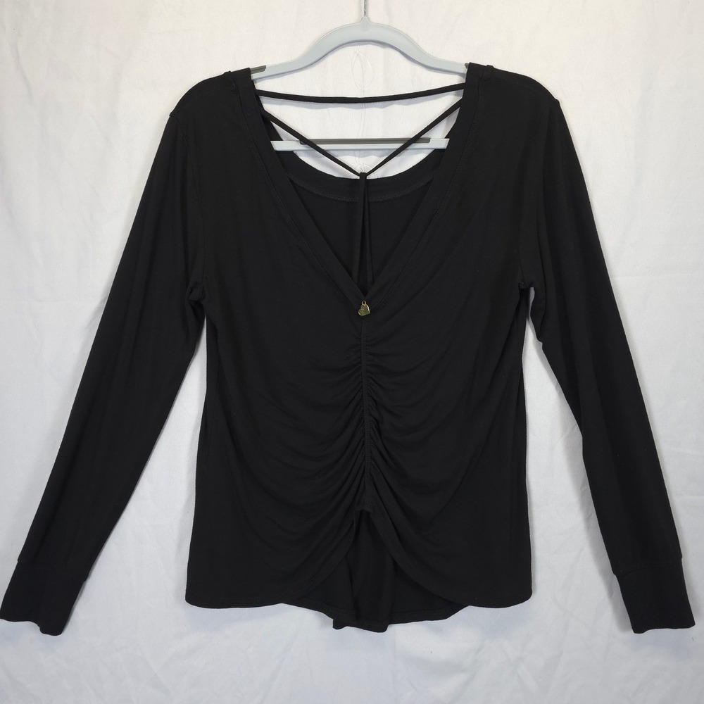 Black Ruched V‎ Neck Strappy Front Top Women S Stretch Knit Y2K Inspired Chic